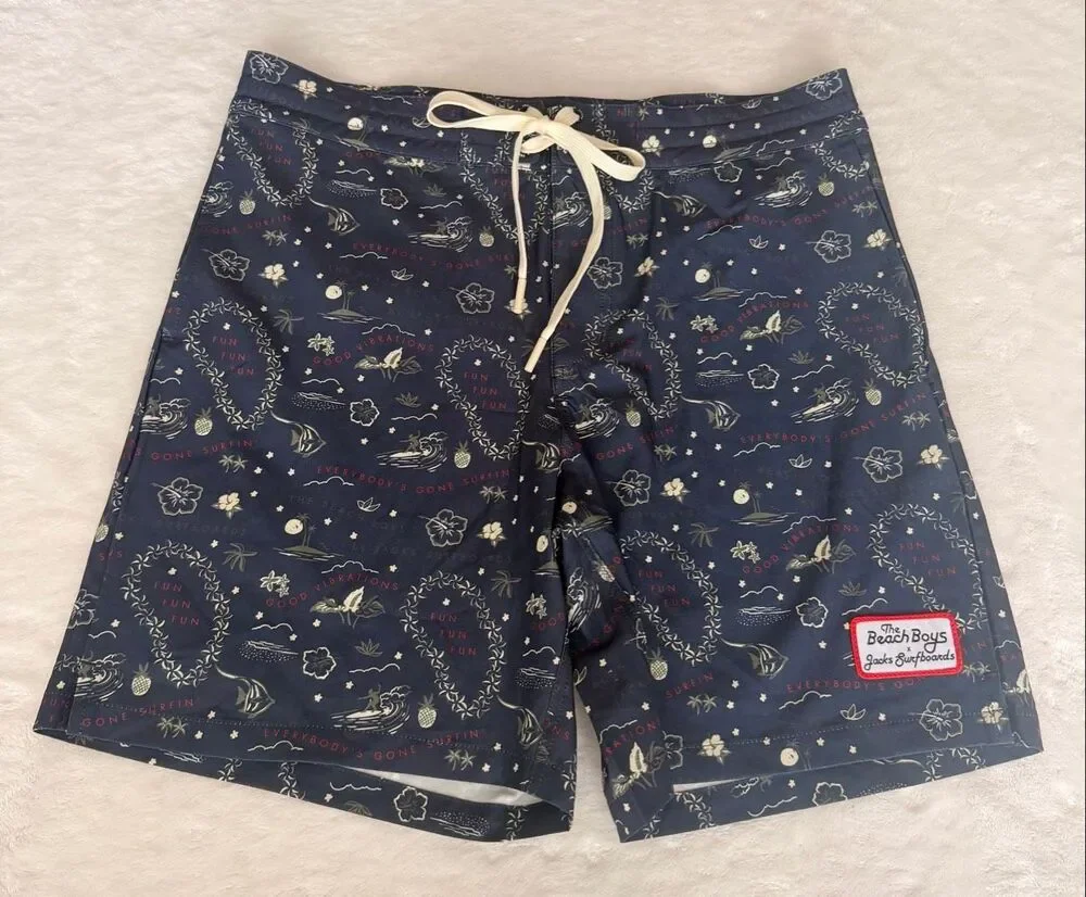 JACK’S SURFBOARDS x The Beach Boys Men’s Board Shorts 31 Navy Hawaiian Surf Prin